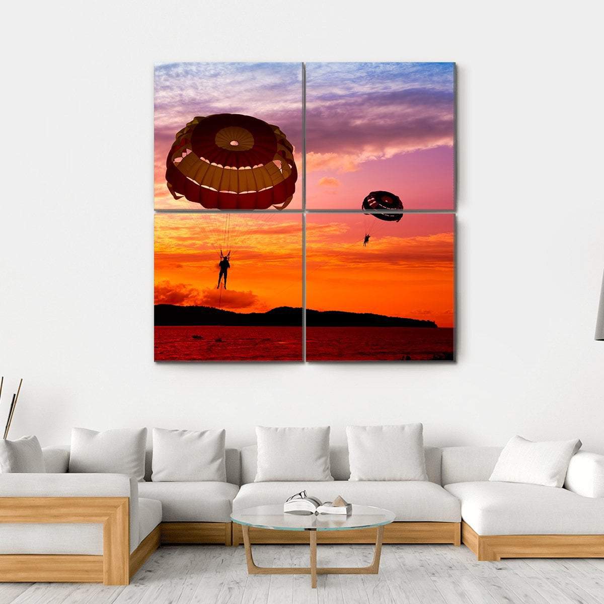 Silhouette Of A Para-Sailors At Sunset Canvas Wall Art-4 Square-Gallery Wrap-17" x 17"-Tiaracle