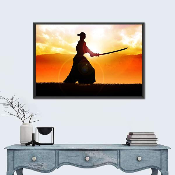 Silhouette Of A Samurai Posing At Sunset Canvas Wall Art-1 Piece-Floating Frame-24" x 16"-Tiaracle
