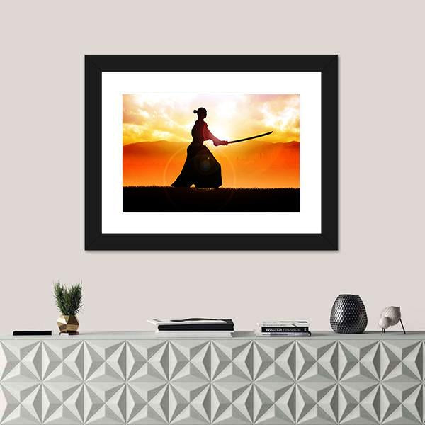 Silhouette Of A Samurai Posing At Sunset Canvas Wall Art-1 Piece-Framed Print-20" x 16"-Tiaracle