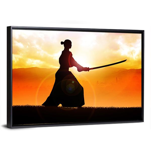 Silhouette Of A Samurai Posing At Sunset Canvas Wall Art-3 Horizontal-Gallery Wrap-25" x 16"-Tiaracle