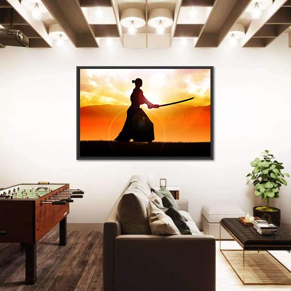 Silhouette Of A Samurai Posing At Sunset Canvas Wall Art-3 Horizontal-Gallery Wrap-25" x 16"-Tiaracle