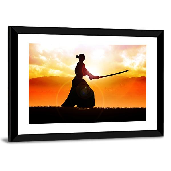 Silhouette Of A Samurai Posing At Sunset Canvas Wall Art-3 Horizontal-Gallery Wrap-25" x 16"-Tiaracle