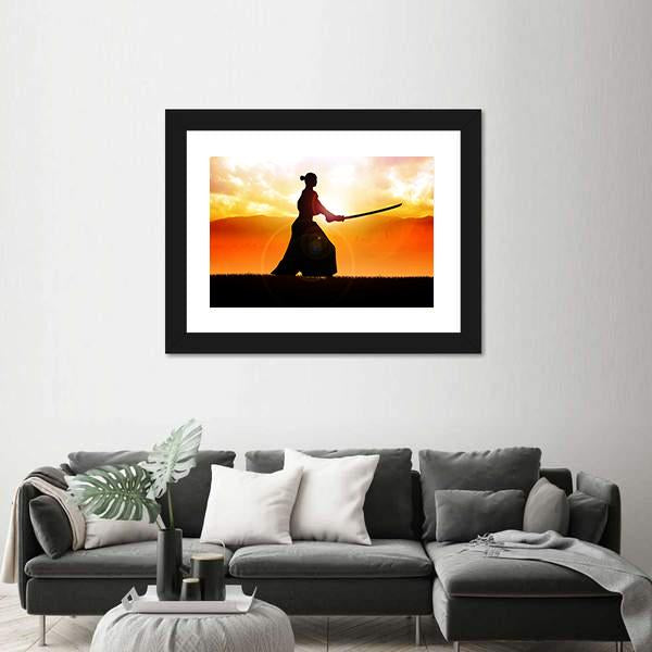 Silhouette Of A Samurai Posing At Sunset Canvas Wall Art-3 Horizontal-Gallery Wrap-25" x 16"-Tiaracle
