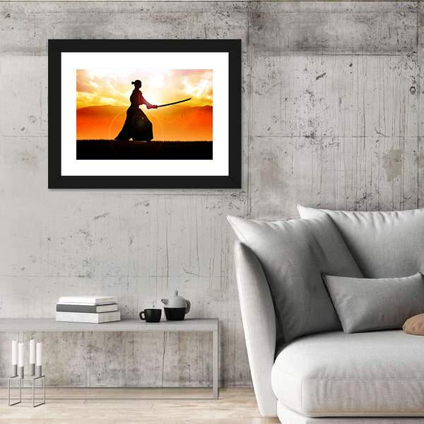 Silhouette Of A Samurai Posing At Sunset Canvas Wall Art-3 Horizontal-Gallery Wrap-25" x 16"-Tiaracle