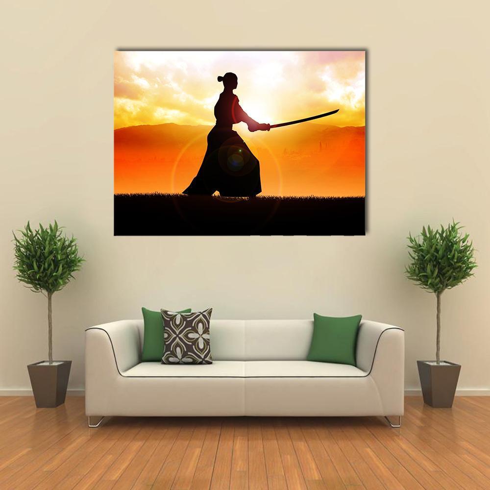 Silhouette Of A Samurai Posing At Sunset Canvas Wall Art-1 Piece-Gallery Wrap-48" x 32"-Tiaracle