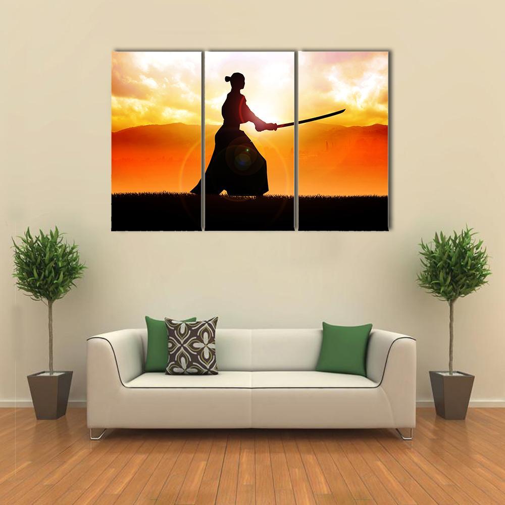 Silhouette Of A Samurai Posing At Sunset Canvas Wall Art-3 Horizontal-Gallery Wrap-37" x 24"-Tiaracle