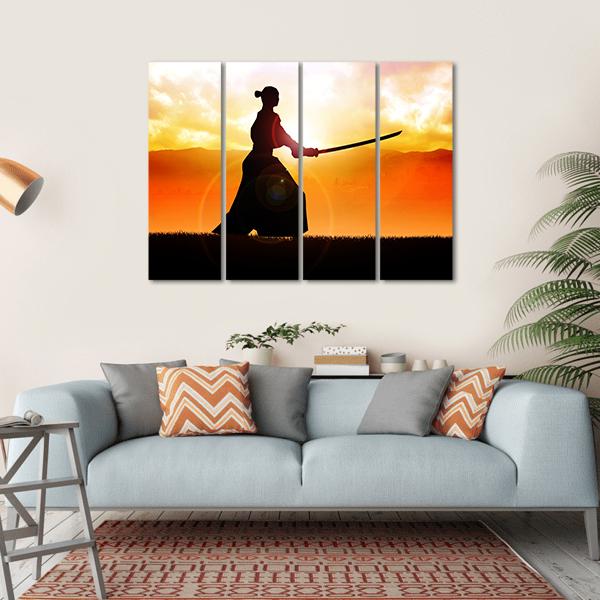 Silhouette Of A Samurai Posing At Sunset Canvas Wall Art-4 Horizontal-Gallery Wrap-34" x 24"-Tiaracle