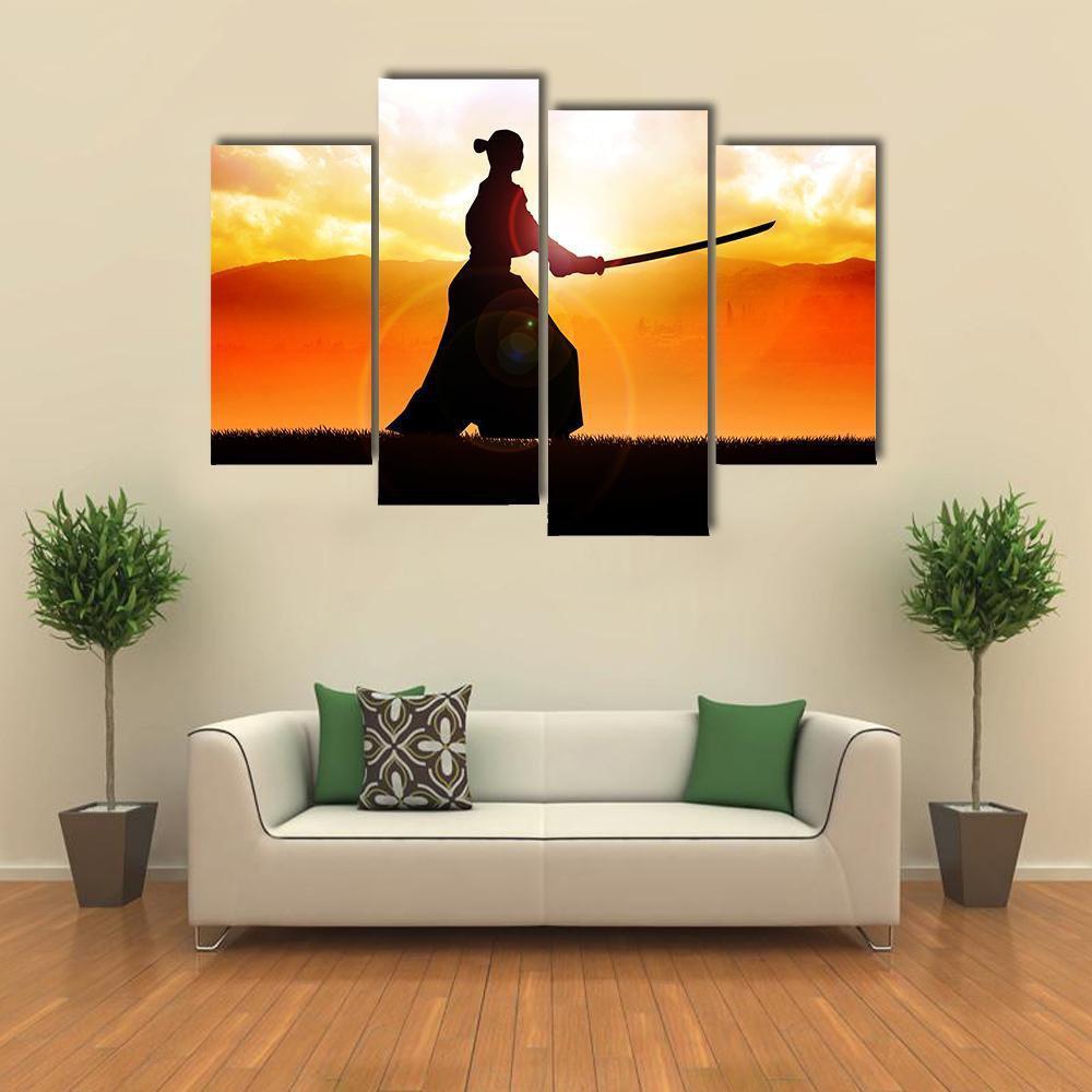 Silhouette Of A Samurai Posing At Sunset Canvas Wall Art-4 Pop-Gallery Wrap-50" x 32"-Tiaracle