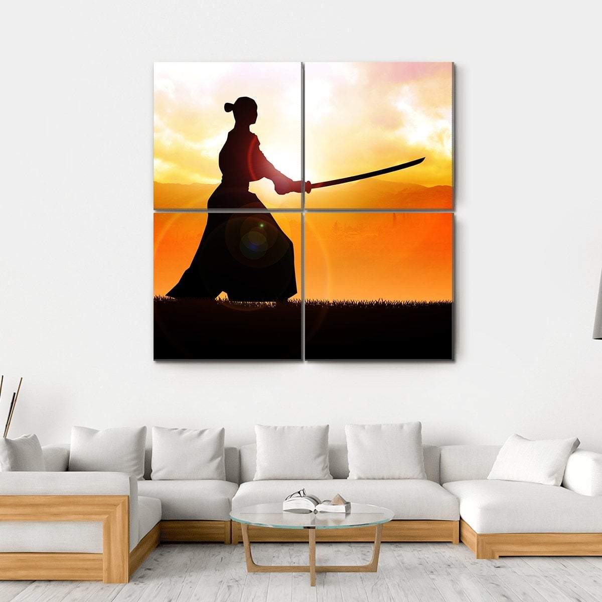 Silhouette Of A Samurai Posing At Sunset Canvas Wall Art-4 Square-Gallery Wrap-17" x 17"-Tiaracle