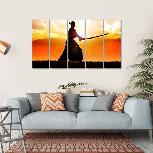 Silhouette Of A Samurai Posing At Sunset Canvas Wall Art-5 Horizontal-Gallery Wrap-22" x 12"-Tiaracle