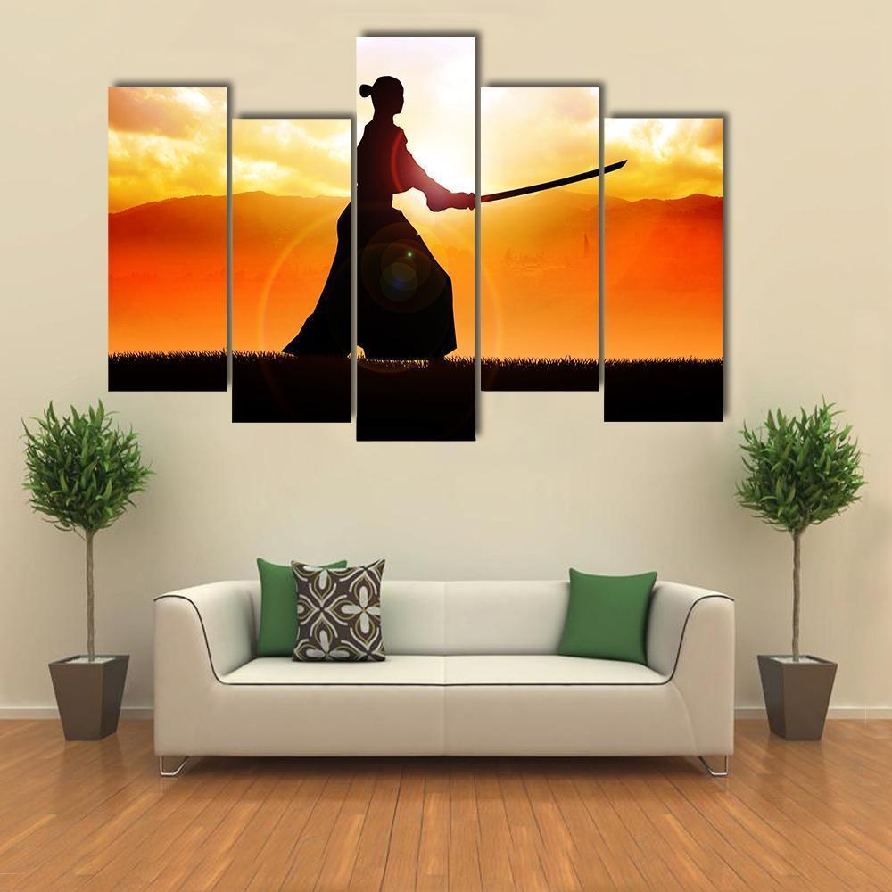 Silhouette Of A Samurai Posing At Sunset Canvas Wall Art-5 Pop-Gallery Wrap-47" x 32"-Tiaracle