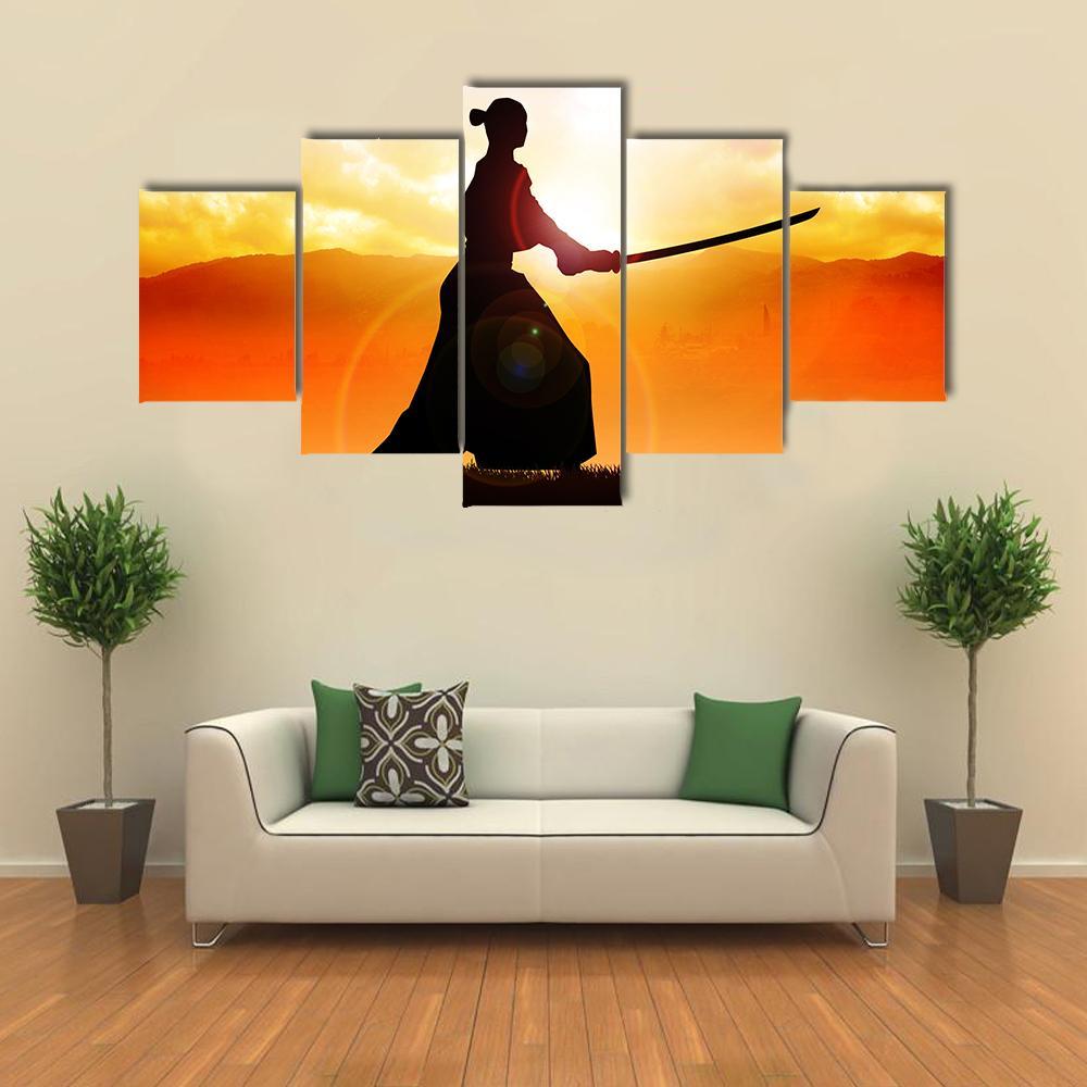 Silhouette Of A Samurai Posing At Sunset Canvas Wall Art-5 Star-Gallery Wrap-62" x 32"-Tiaracle