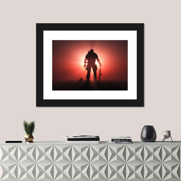 Silhouette Of A Soldier Canvas Wall Art-1 Piece-Framed Print-20" x 16"-Tiaracle