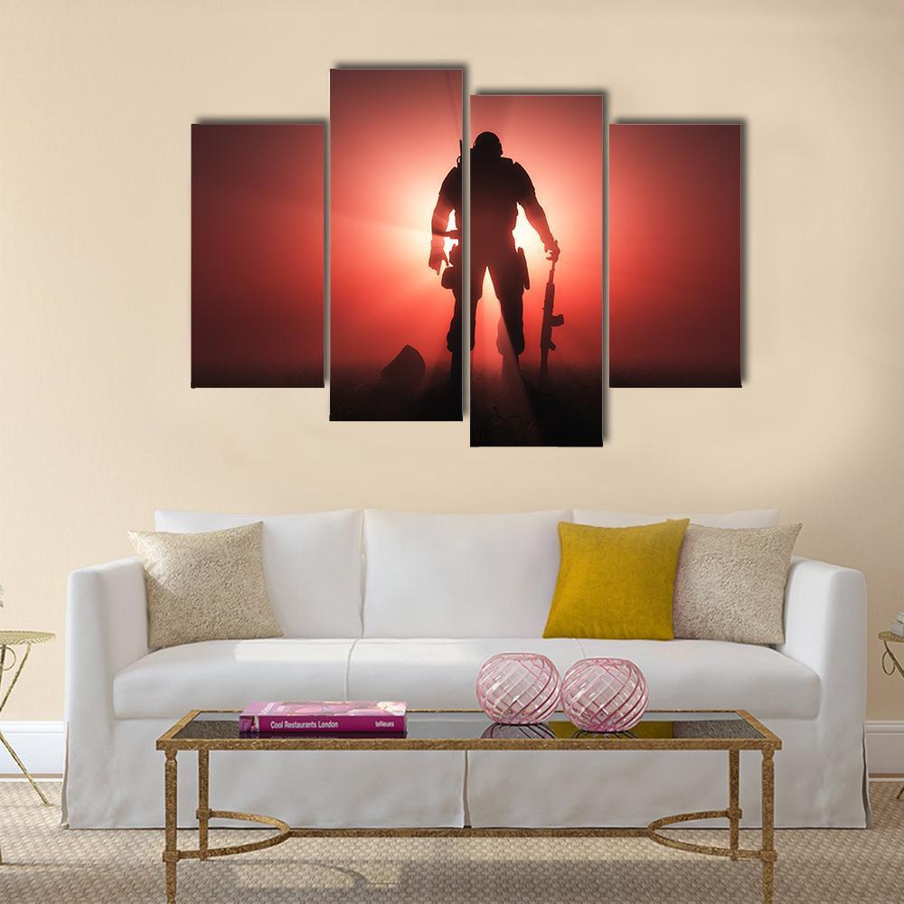Silhouette Of A Soldier Canvas Wall Art-4 Pop-Gallery Wrap-50" x 32"-Tiaracle