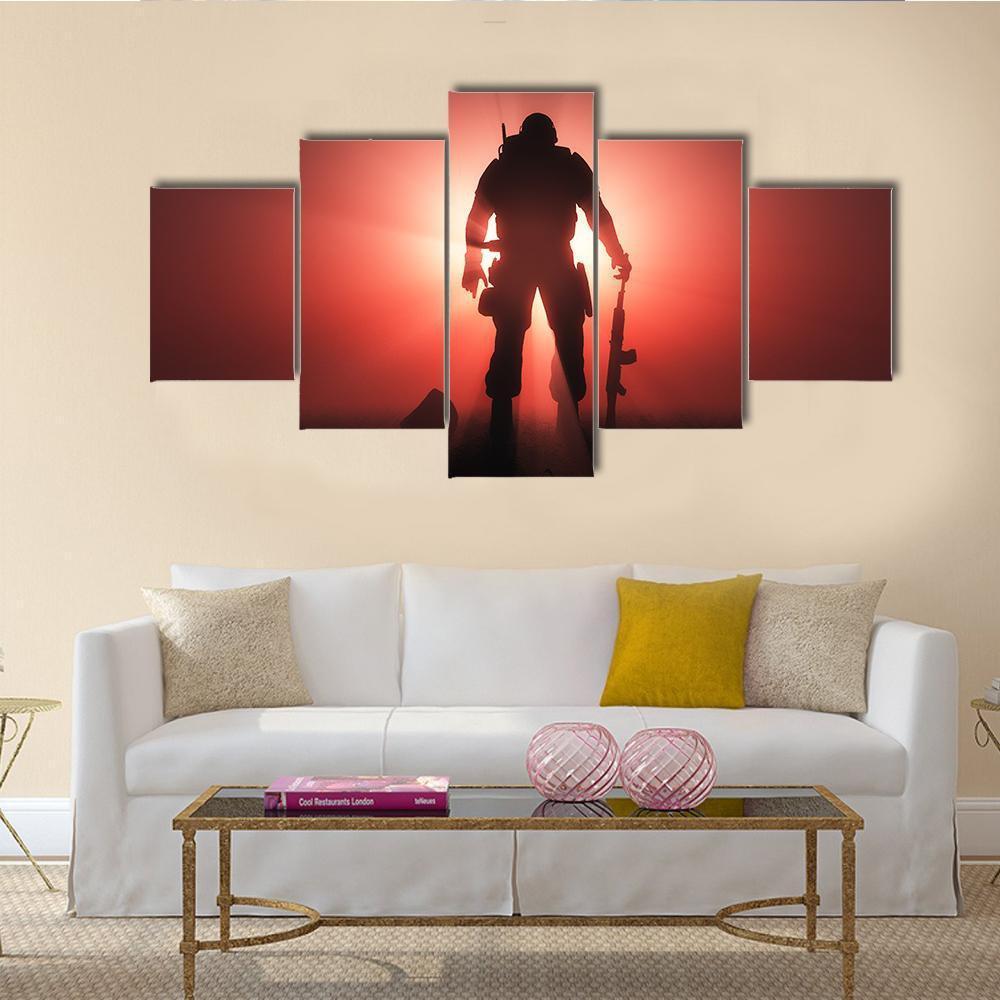 Silhouette Of A Soldier Canvas Wall Art-5 Star-Gallery Wrap-62" x 32"-Tiaracle