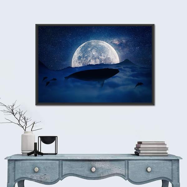 Moonlit Whale Silhouette Canvas Wall Art in white, blue and navy, framed canvas, product view on a white background
