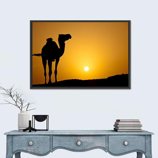 Silhouette Of A Wild Camel At Sunset Canvas Wall Art-1 Piece-Floating Frame-24" x 16"-Tiaracle