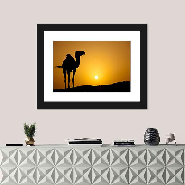 Silhouette Of A Wild Camel At Sunset Canvas Wall Art-1 Piece-Framed Print-20" x 16"-Tiaracle