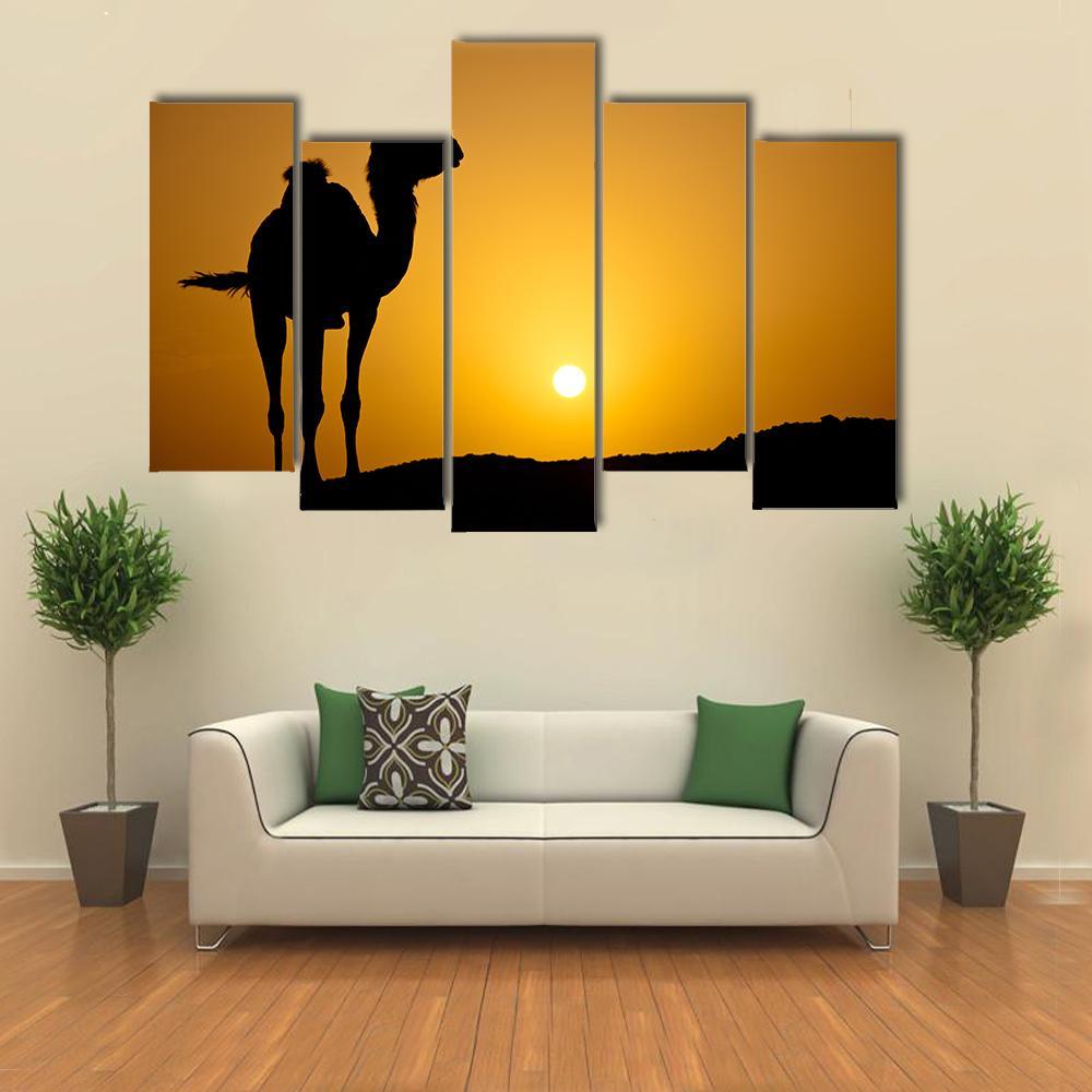 Silhouette Of A Wild Camel At Sunset Canvas Wall Art-5 Pop-Gallery Wrap-47" x 32"-Tiaracle