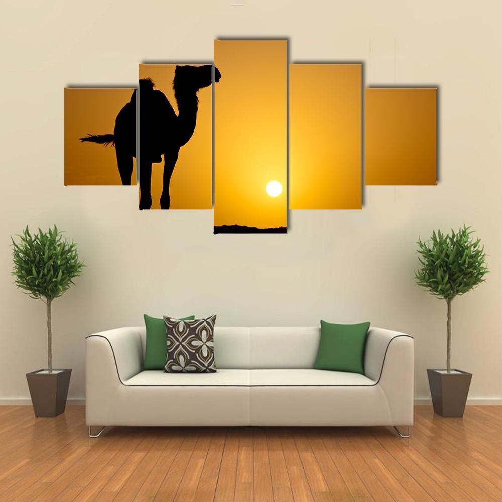 Silhouette Of A Wild Camel At Sunset Canvas Wall Art-5 Star-Gallery Wrap-62" x 32"-Tiaracle