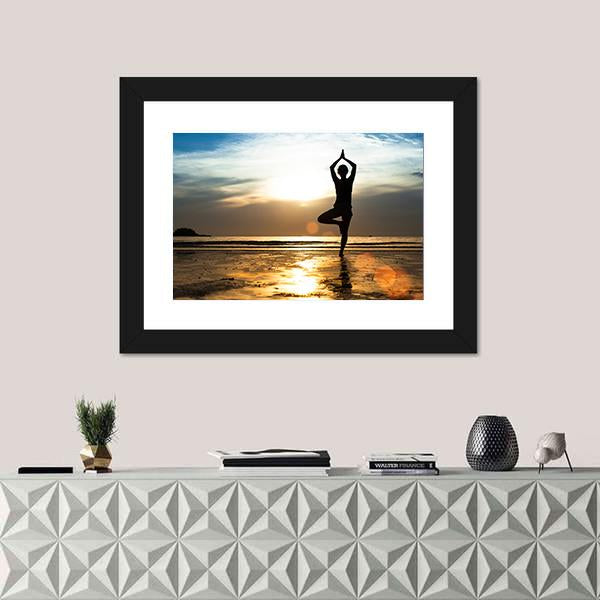 Silhouette Of A woman Practicing Yoga On The Beach At Sunset Canvas Wall Art-1 Piece-Framed Print-20&quot; x 16&quot;-Tiaracle