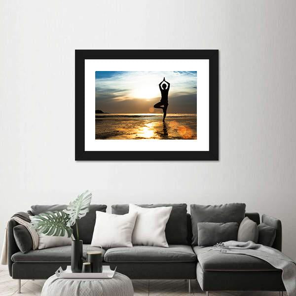 Silhouette Of A woman Practicing Yoga On The Beach At Sunset Canvas Wall Art-3 Horizontal-Gallery Wrap-25&quot; x 16&quot;-Tiaracle