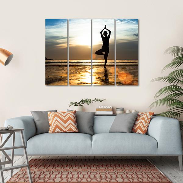 Woman Practicing Yoga On Beach Canvas Wall Art-4 Horizontal-Gallery Wrap-34" x 24"-Tiaracle