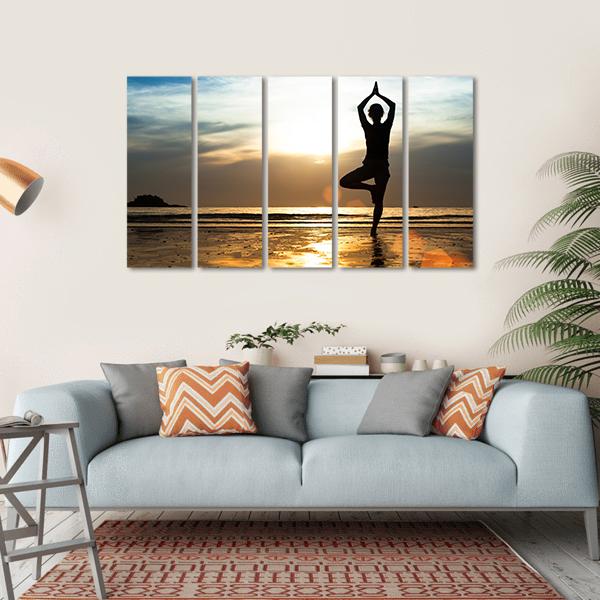 Woman Practicing Yoga On Beach Canvas Wall Art-5 Horizontal-Gallery Wrap-22" x 12"-Tiaracle