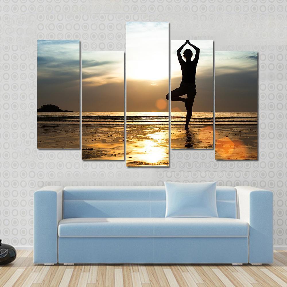 Silhouette Of A woman Practicing Yoga On The Beach At Sunset Canvas Wall Art-4 Pop-Gallery Wrap-50" x 32"-Tiaracle