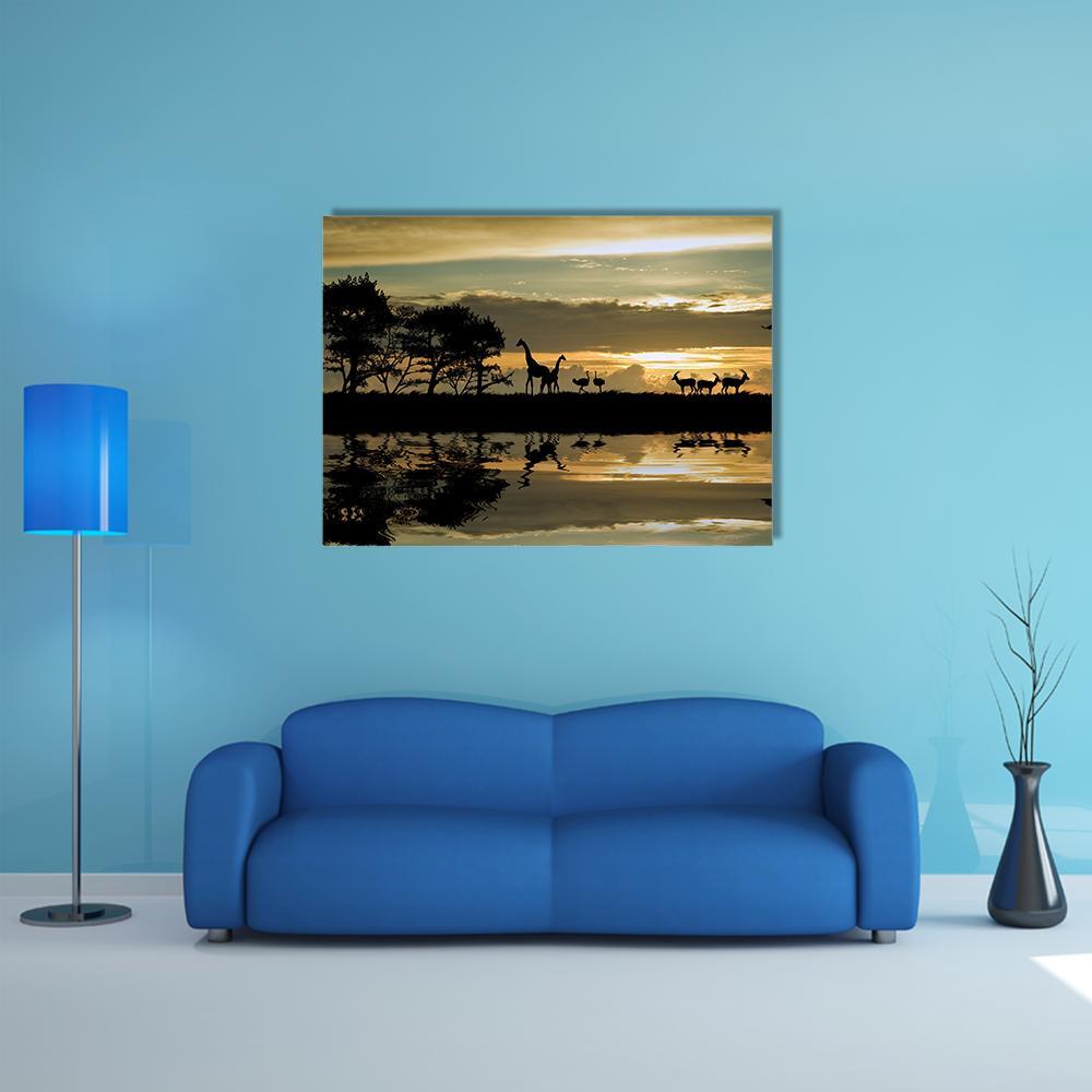 Silhouette Of Animals In Africa Canvas Wall Art-1 Piece-Gallery Wrap-48" x 32"-Tiaracle