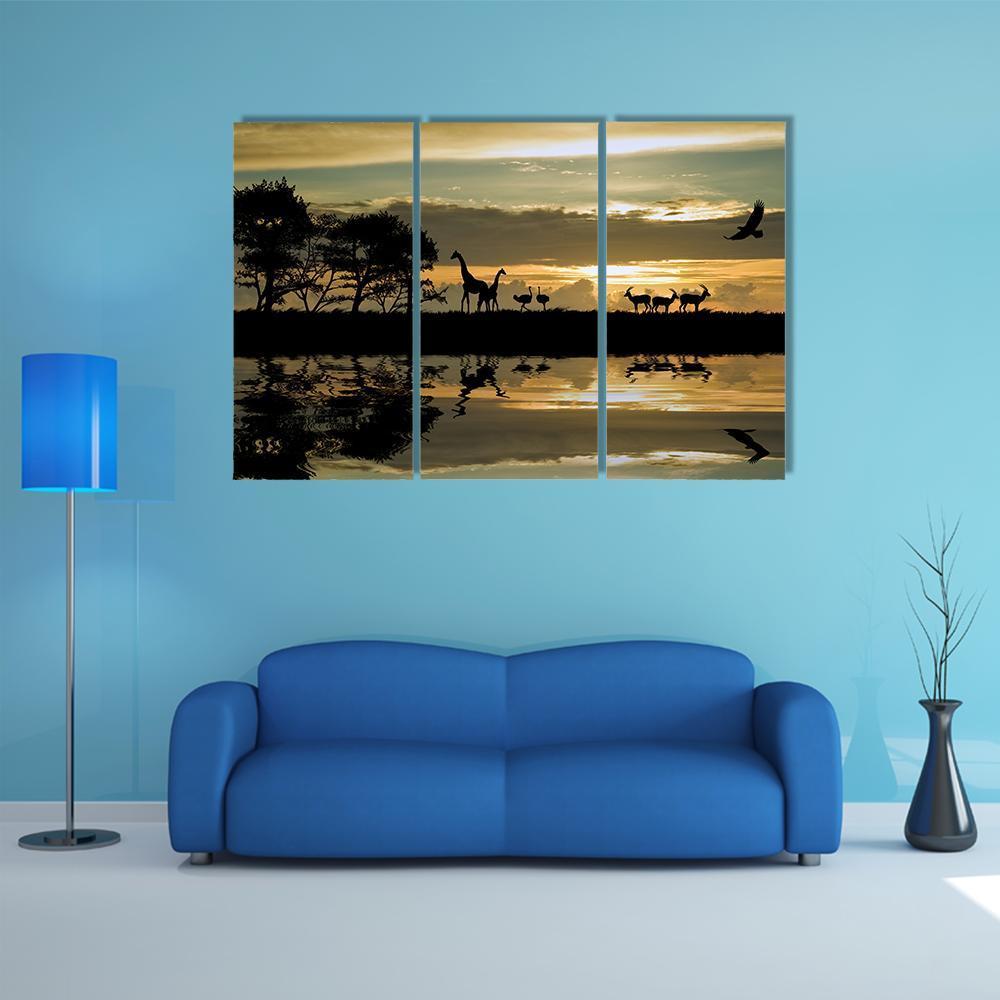 Silhouette Of Animals In Africa Canvas Wall Art-3 Horizontal-Gallery Wrap-37" x 24"-Tiaracle