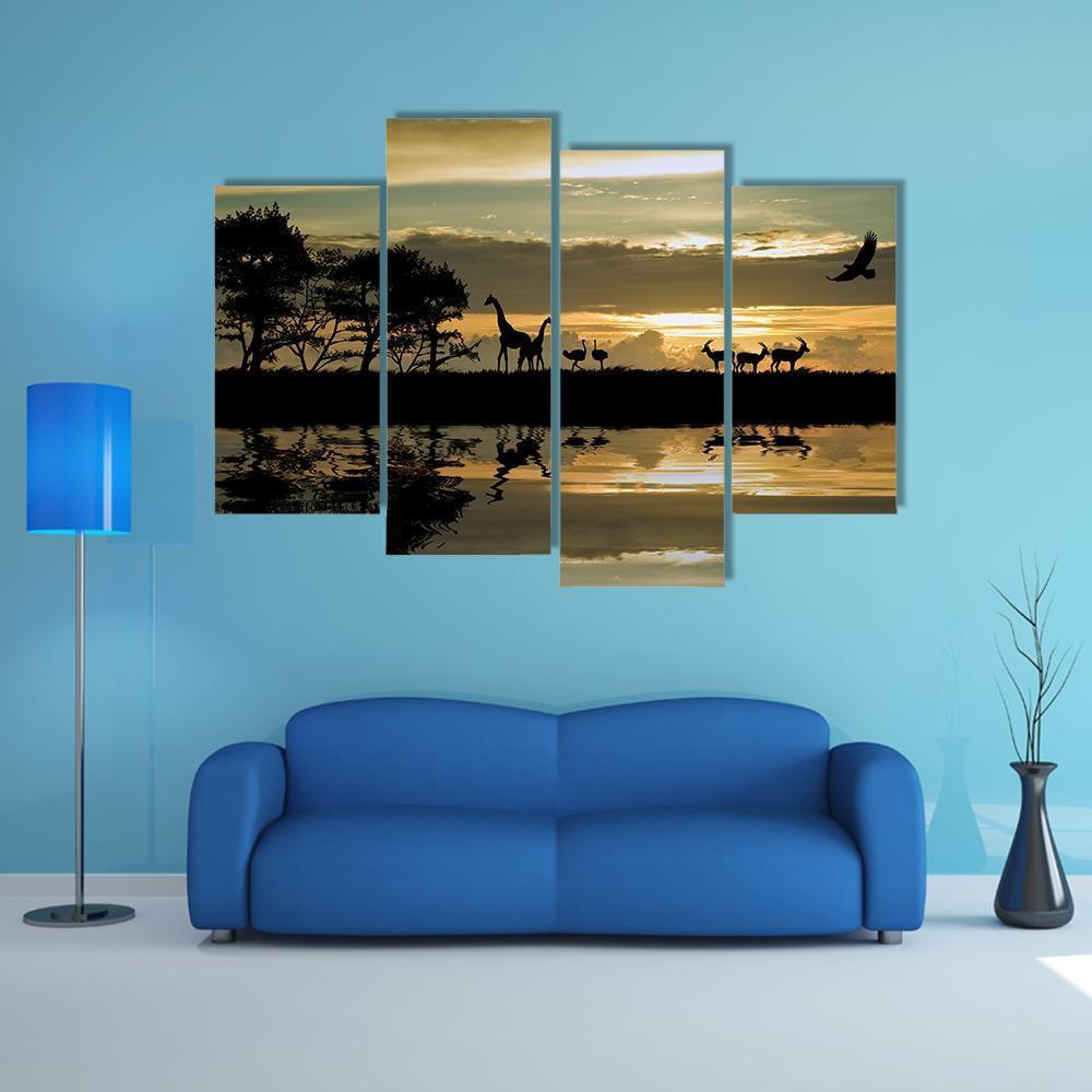 Silhouette Of Animals In Africa Canvas Wall Art-4 Pop-Gallery Wrap-50" x 32"-Tiaracle