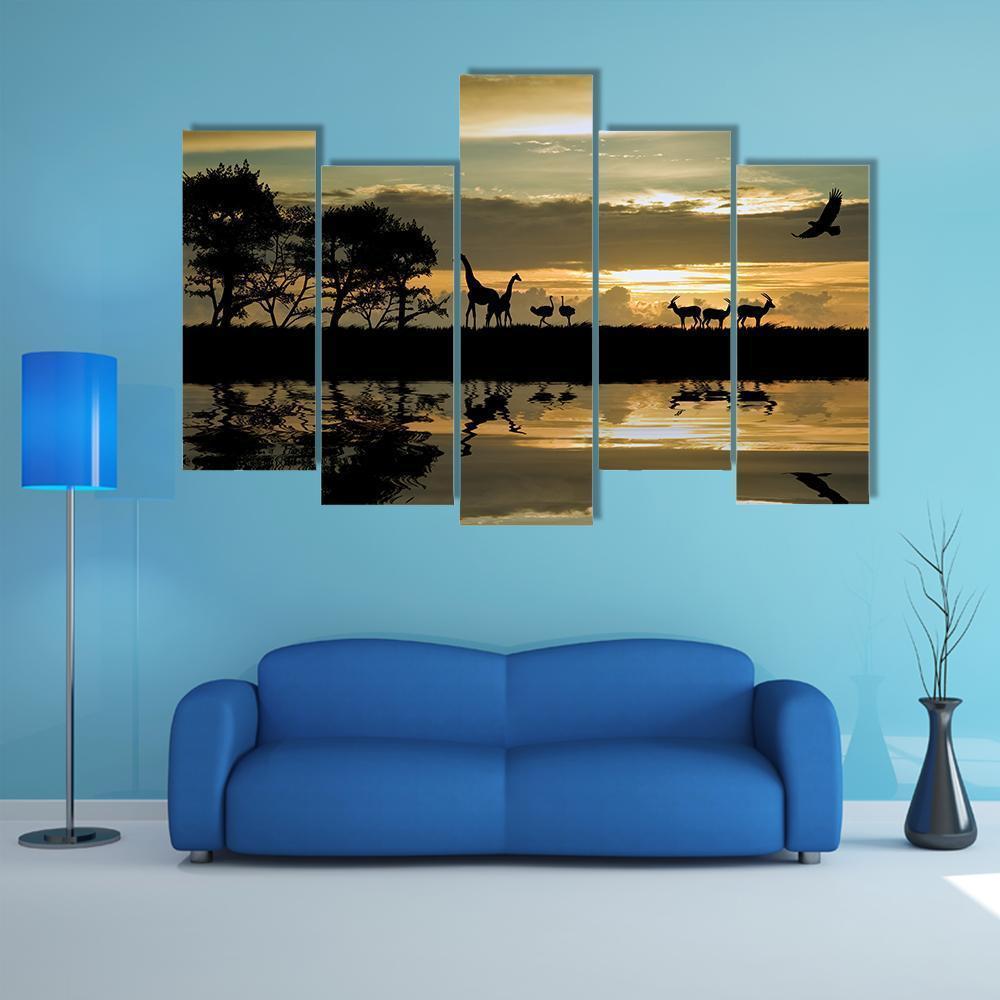Silhouette Of Animals In Africa Canvas Wall Art-5 Pop-Gallery Wrap-47" x 32"-Tiaracle