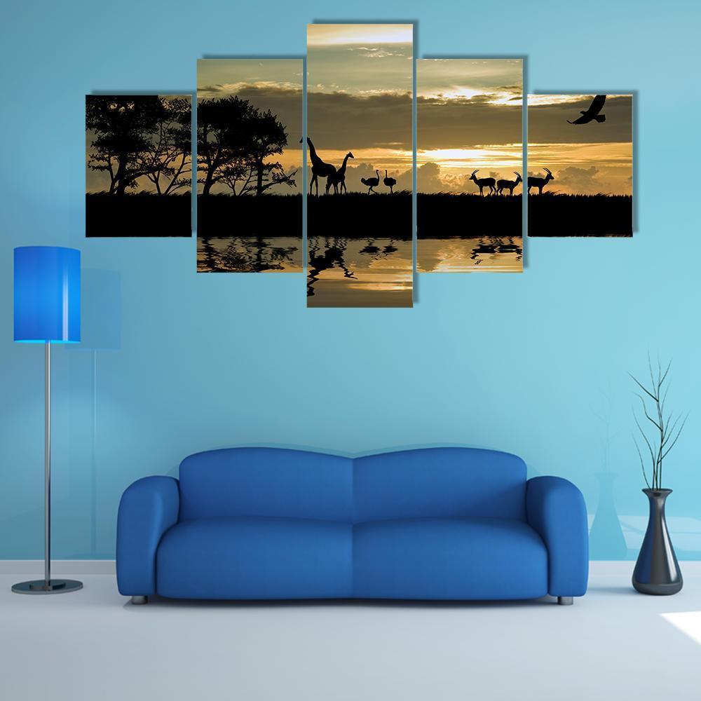 Silhouette Of Animals In Africa Canvas Wall Art-5 Star-Gallery Wrap-62" x 32"-Tiaracle