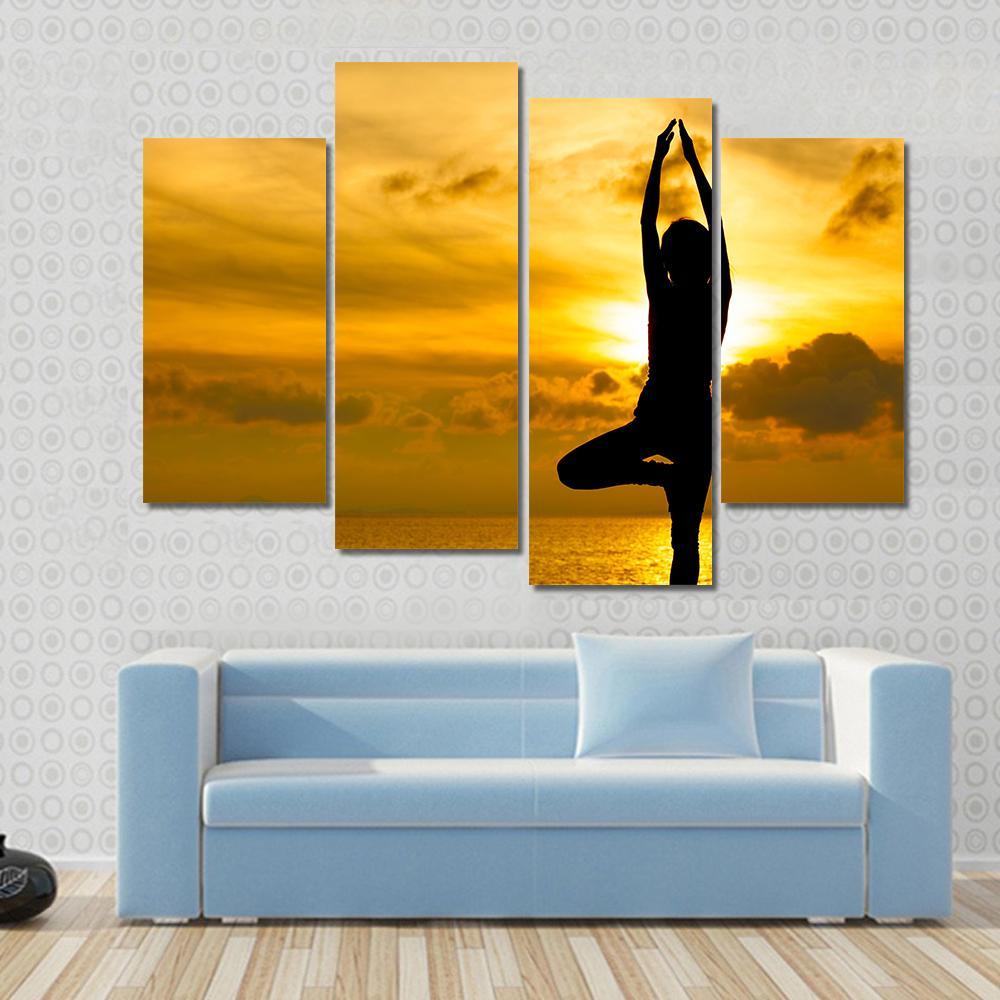 Silhouette Of Beautiful Yoga Woman In Morning Canvas Wall Art-4 Pop-Gallery Wrap-50&quot; x 32&quot;-Tiaracle