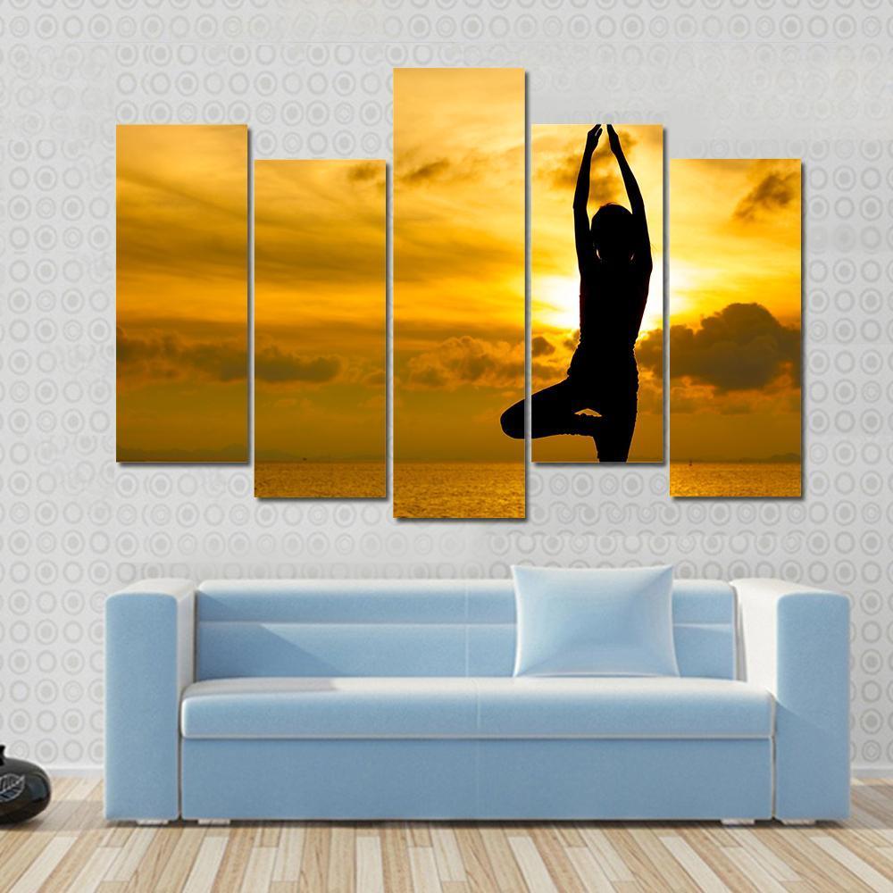 Silhouette Of Beautiful Yoga Woman In Morning Canvas Wall Art-5 Pop-Gallery Wrap-47&quot; x 32&quot;-Tiaracle