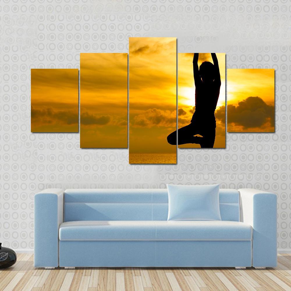 Silhouette Of Beautiful Yoga Woman In Morning Canvas Wall Art-3 Horizontal-Gallery Wrap-37" x 24"-Tiaracle