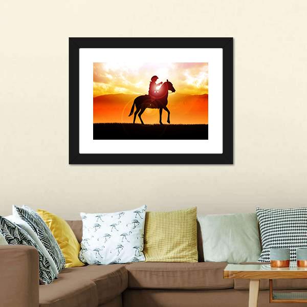 Silhouette Of Cowboy Canvas Wall Art-1 Piece-Framed Print-30" x 20"-Tiaracle