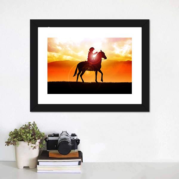 Silhouette Of Cowboy Canvas Wall Art-1 Piece-Framed Print-20" x 16"-Tiaracle