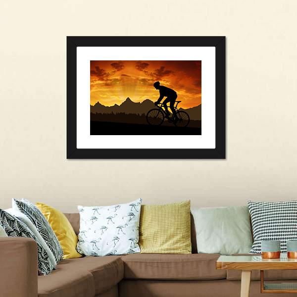 Silhouette Of Cyclist Canvas Wall Art-1 Piece-Framed Print-20" x 16"-Tiaracle