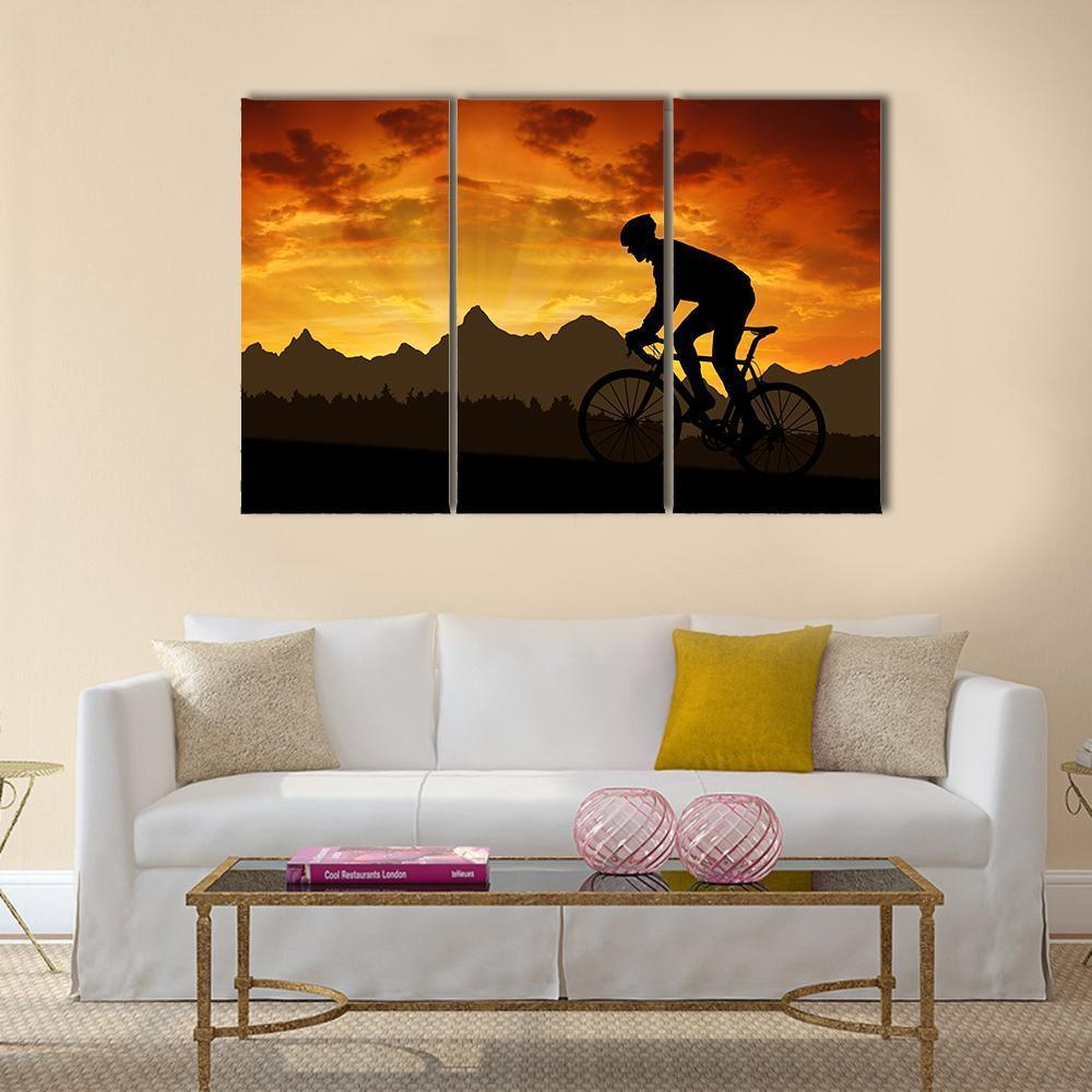 Silhouette Of Cyclist Canvas Wall Art-3 Horizontal-Gallery Wrap-37" x 24"-Tiaracle