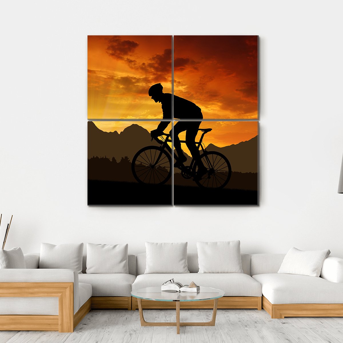 Silhouette Of Cyclist Canvas Wall Art-4 Square-Gallery Wrap-17" x 17"-Tiaracle