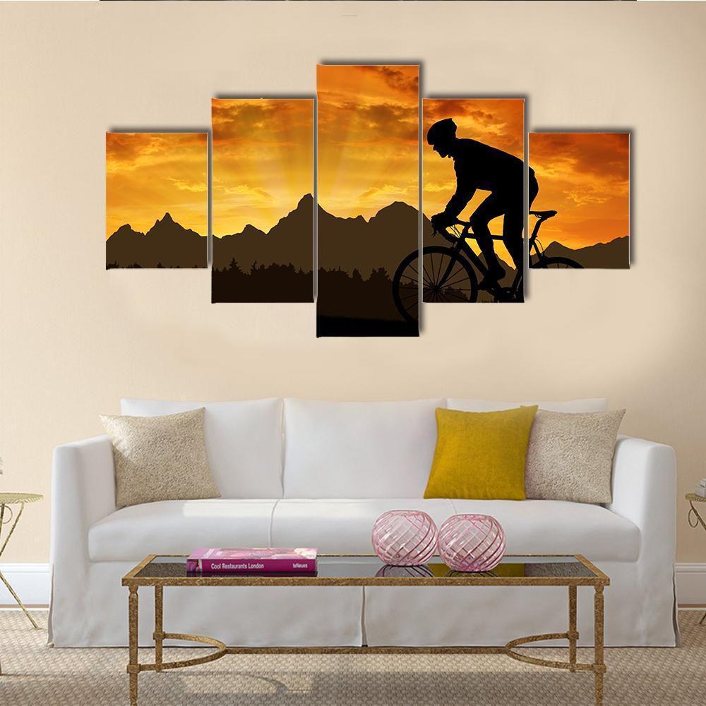 Silhouette Of Cyclist Canvas Wall Art-5 Star-Gallery Wrap-62&quot; x 32&quot;-Tiaracle