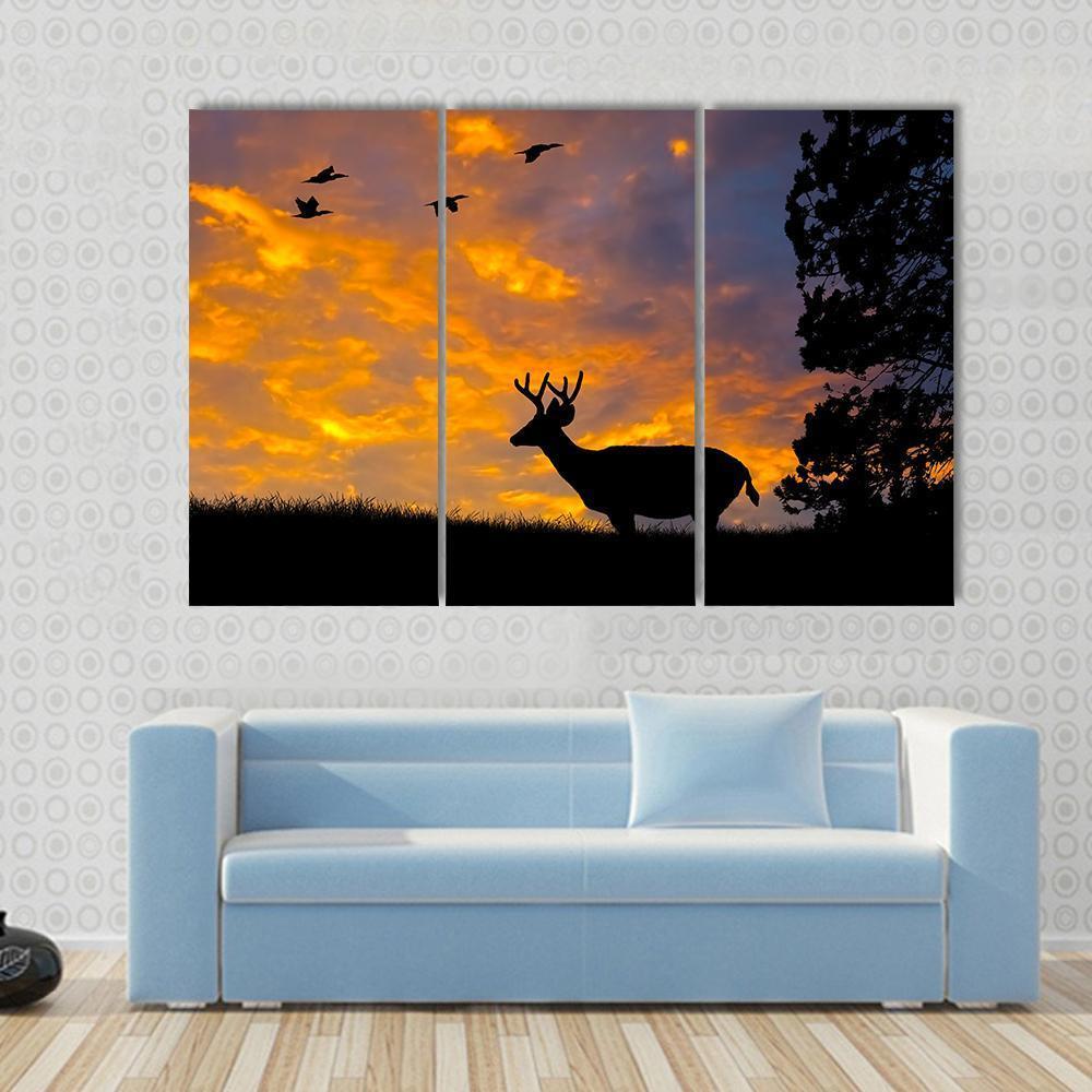 Silhouette Of Deer Canvas Wall Art-3 Horizontal-Gallery Wrap-37" x 24"-Tiaracle