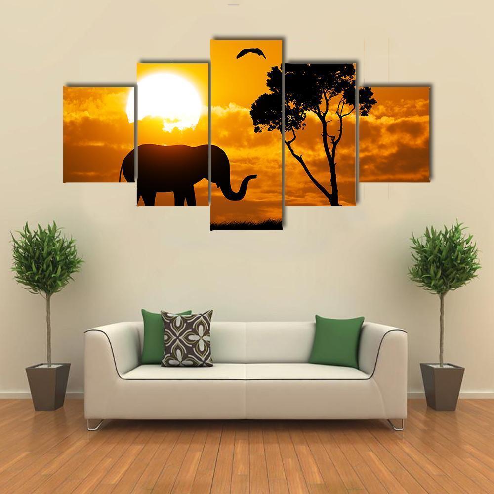 Silhouette Of Elephant Element Of design Canvas Wall Art-5 Star-Gallery Wrap-62" x 32"-Tiaracle