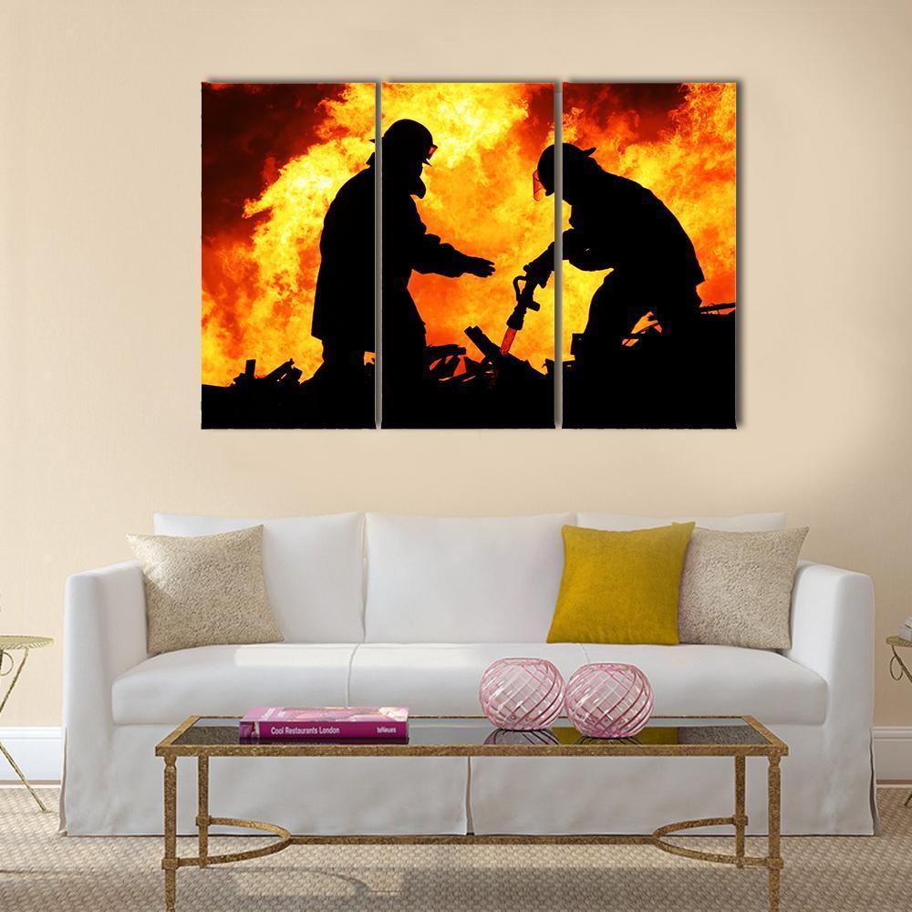 Silhouette Of Firemen Canvas Wall Art-3 Horizontal-Gallery Wrap-37" x 24"-Tiaracle