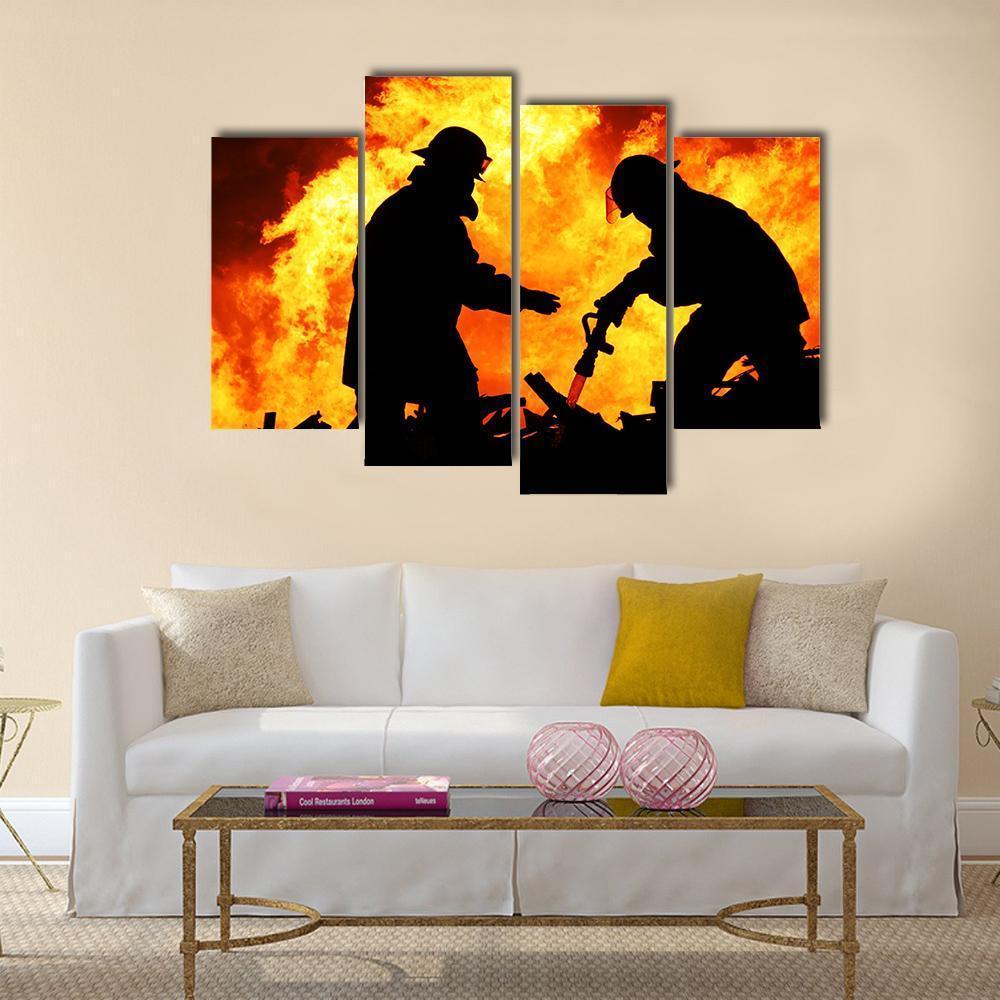 Silhouette Of Firemen Canvas Wall Art-4 Pop-Gallery Wrap-50" x 32"-Tiaracle