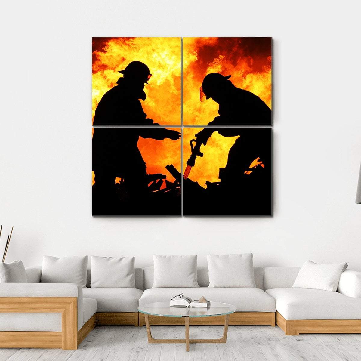 Silhouette Of Firemen Canvas Wall Art-4 Square-Gallery Wrap-17" x 17"-Tiaracle