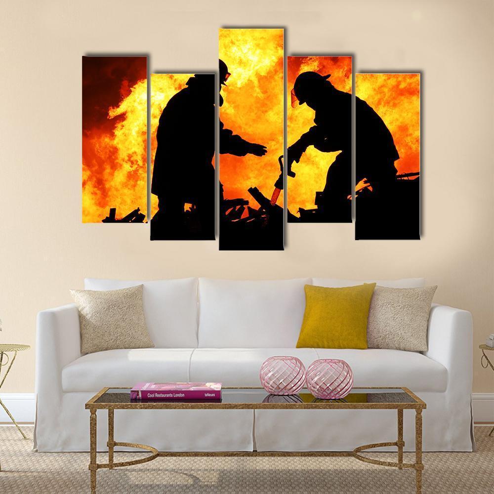 Silhouette Of Firemen Canvas Wall Art-5 Pop-Gallery Wrap-47" x 32"-Tiaracle