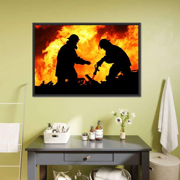 Silhouette Of Firemen Canvas Wall Art-1 Piece-Floating Frame-24" x 16"-Tiaracle